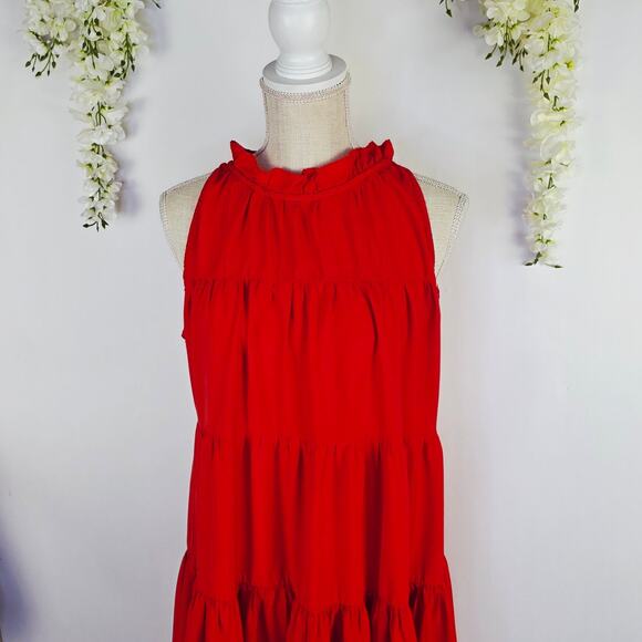 Pinch Tiered Halter Neck Dress Large Red Sleeveless Cottagecore Spring Summer - Picture 6 of 12